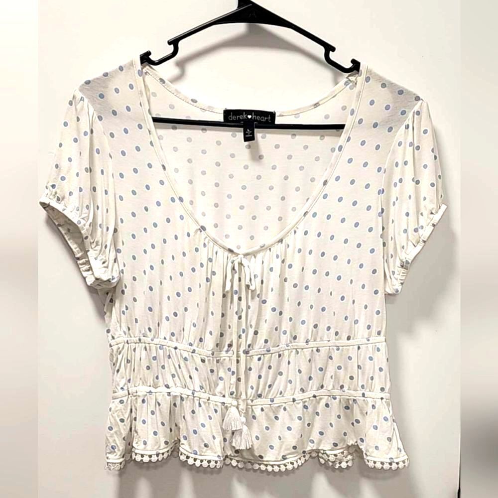 Derek Heart White and Blue Polka Dot Blouse